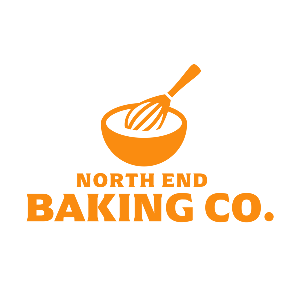 North End Baking Co & Cafe logo in orange font featuring a large bowl and whisk. 