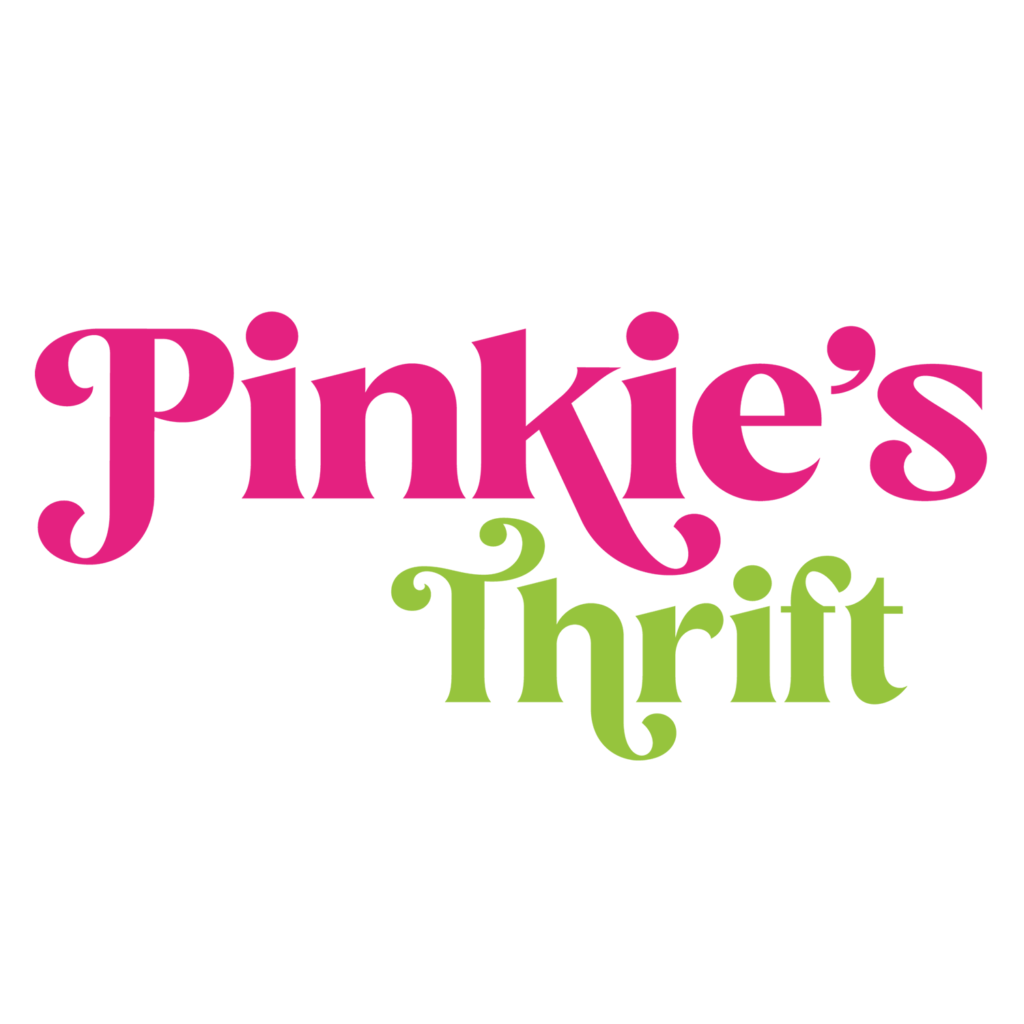 Pinkie's Thrift shop logo in pink and green font, representing the brand's identity.