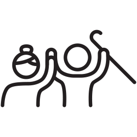 Silhouettes of two mature adults raising their arms in excitement, with one individual holding a mobility aid, conveying a sense of joy and friendship