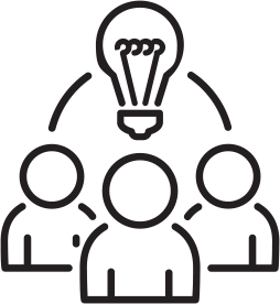 Outline of three figures with a light bulb above, symbolizing creativity and the generation of ideas