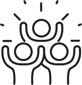 outline of three figures with their arms stretched above their heads depicting excitement and joy