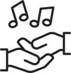 outline of two hands embracing with musical notes above