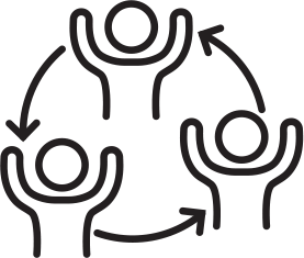 outline of three people with their hands up in a circle with thin arrows in between each figure connecting all three