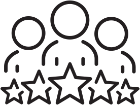 Three figures grouped together in front of an outline of five stars, symbolizing teamwork and achievement.