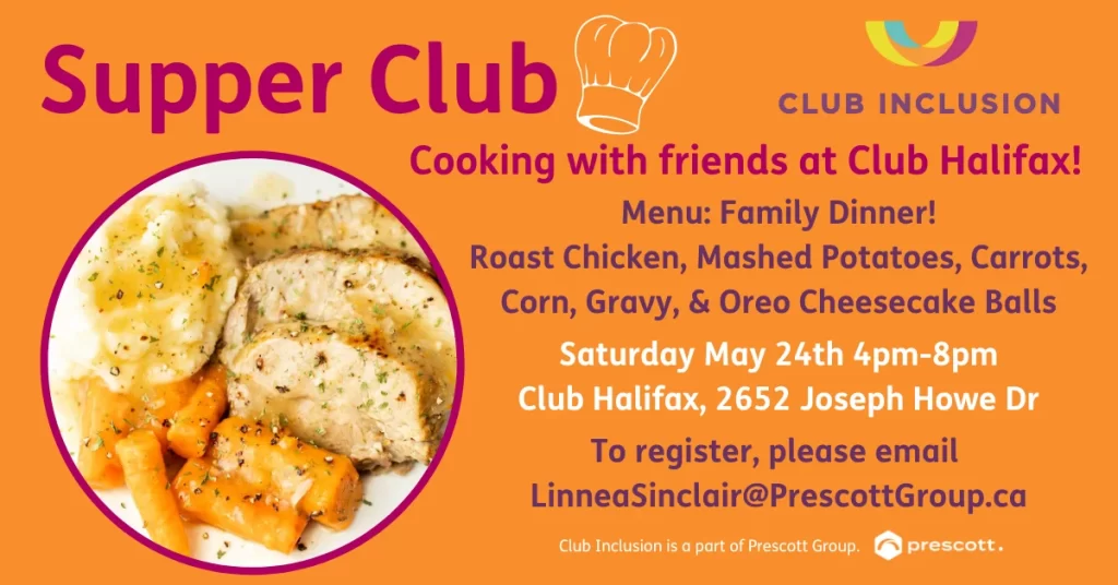 supper club event banner featuring event details with an image of a dinner plate featuring sliced chicken, carrots and potatoes.