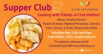supper club event banner featuring event details with an image of a dinner plate featuring sliced chicken, carrots and potatoes.